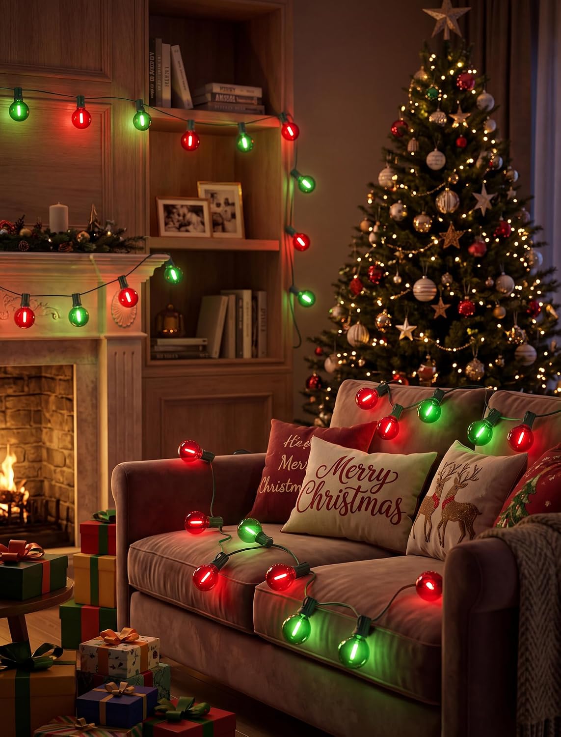 25Ft G40 LED Red Green Outdoor String Lights, 27 Shatterproof Globe Bulbs