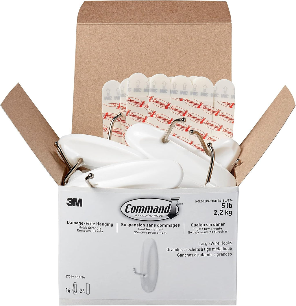 Command Large Wire Hooks, White, 14 Hooks, 24 Strips/Pack