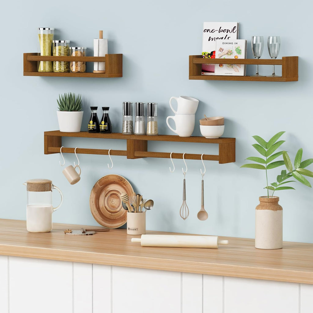 Forbena Nursery Floating Book Shelves, Walnut Brown Wall Bookshelf for Kids