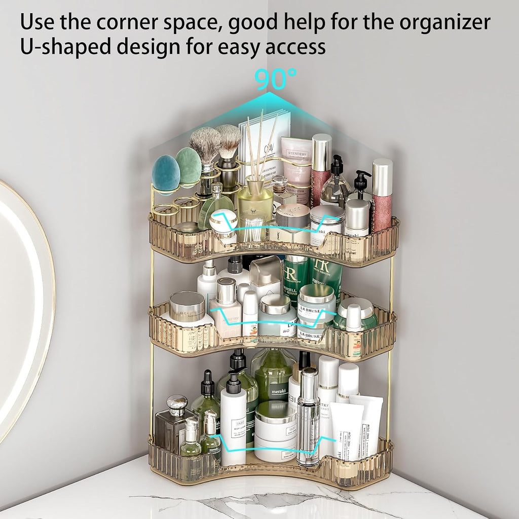 Corner Bathroom Counter Organizer with Top Toothbrush Holders, 3-Tier Make Up Organizers for Vanity with Brush Holder, Corner Storage for Bathroom, Kitchen, Dresser