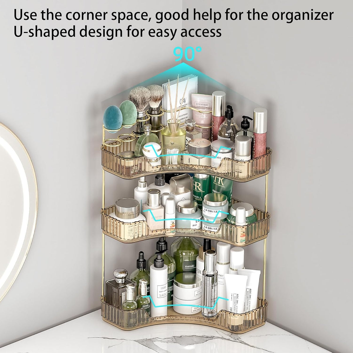 Corner Bathroom Counter Organizer with Top Toothbrush Holders, 3-Tier Make Up Organizers for Vanity with Brush Holder, Corner Storage for Bathroom, Kitchen, Dresser