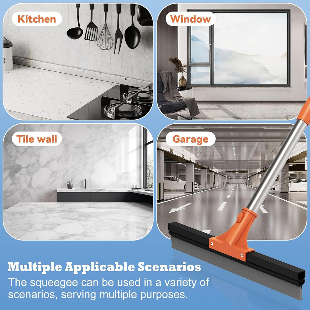 Floor Squeegee for Concrete Floor,18" Large Heavy Duty Squeegee for Floor, Rubber Broom with 62" Long Handle for Bathroom Tile, Garage Concrete, Deck, Shower Glass, Window Cleaning