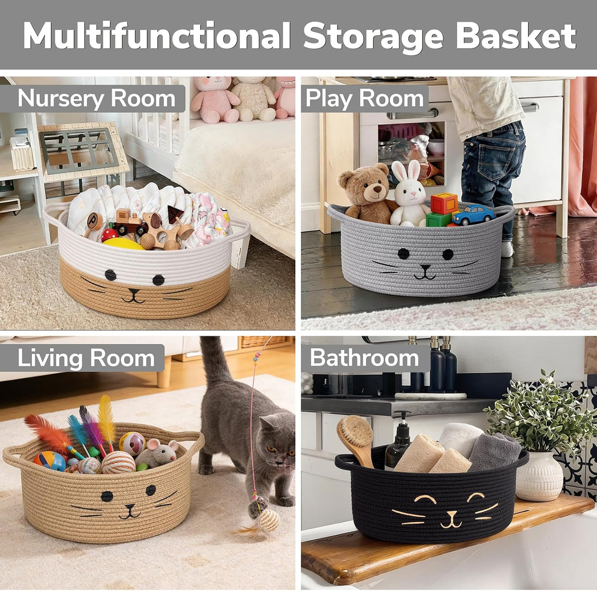 Medium Woven Rope Cat Toy Basket with Cat Face, Grey