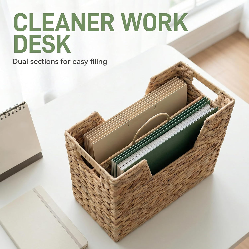 Wicker Magazine Basket with Handle, 2 Compartments