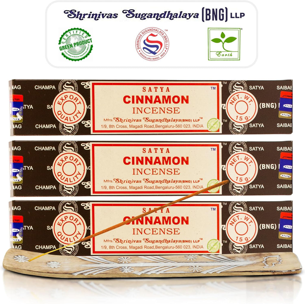 Satya Cinnamon Incense Sticks, Satya Bng (Bangalore) Insenses 15gmx3 Pack with Raajsee Incense Holder Bundle, Satya Nagchampa Natural Incense