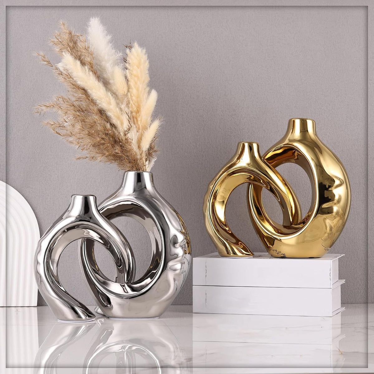 Silver Ceramic Vase Set of 2, Modern Donut Vases for Living Room Decor
