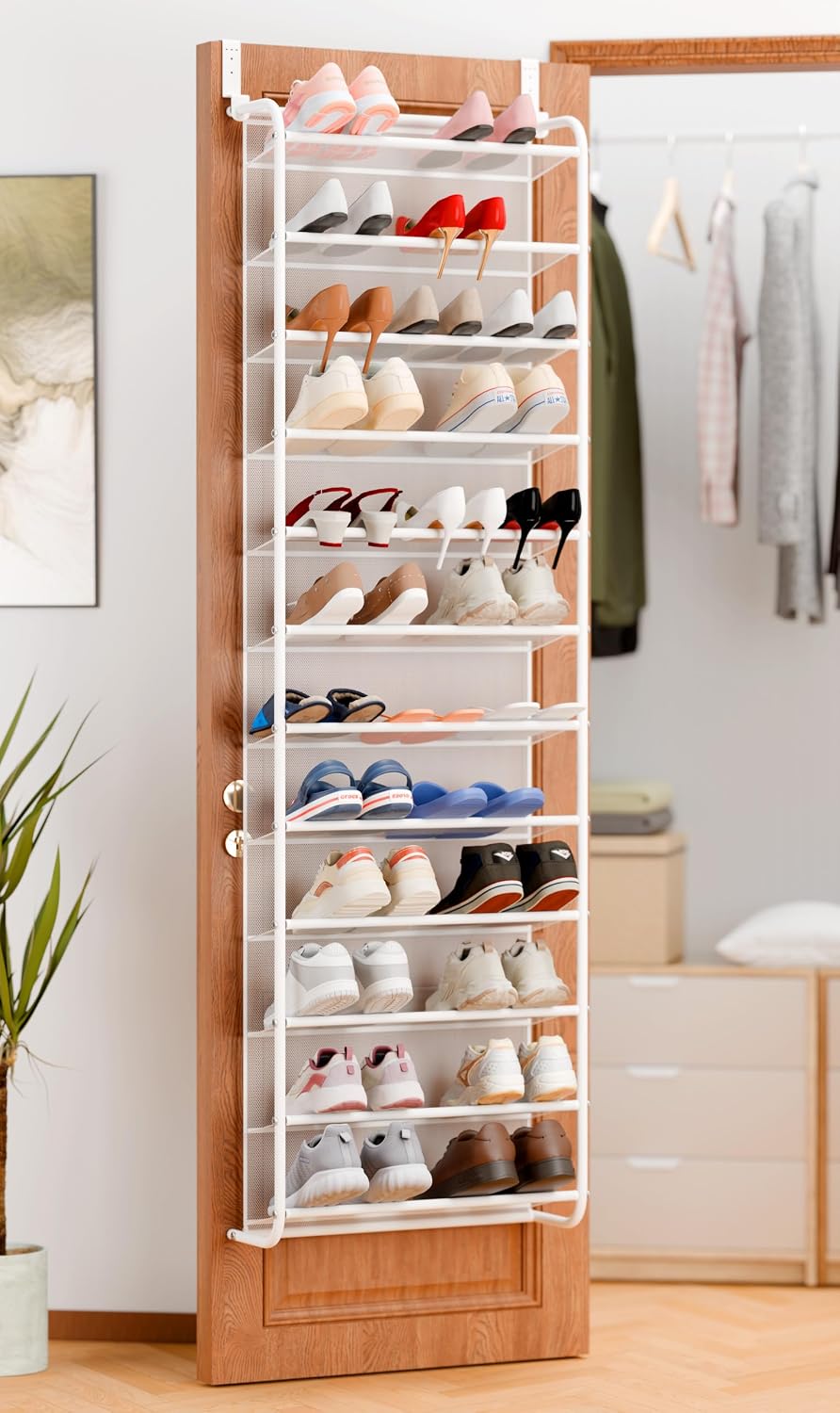 Whitmor 36 Pair Over the Door Shoe Rack,12 Tier Hanging Shoe Organizer with Metal Frame & Mesh Shelves, Heavy Duty Shoe Storage Holder for Door,No Drill Installation, 74"H x 21.7"W x 7.5"D, Matt White