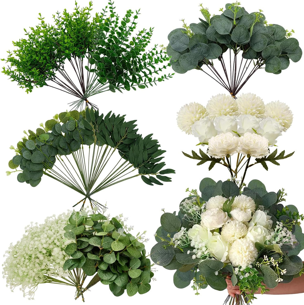 150 Pcs 10 Kinds Artificial Greenery Stems Bulk with Flowers Fake Eucalyptus Leaves Stems Bundle Faux Greenery Plant Branches for Floral Wedding Arrangement Home Decor Vase Bouquets