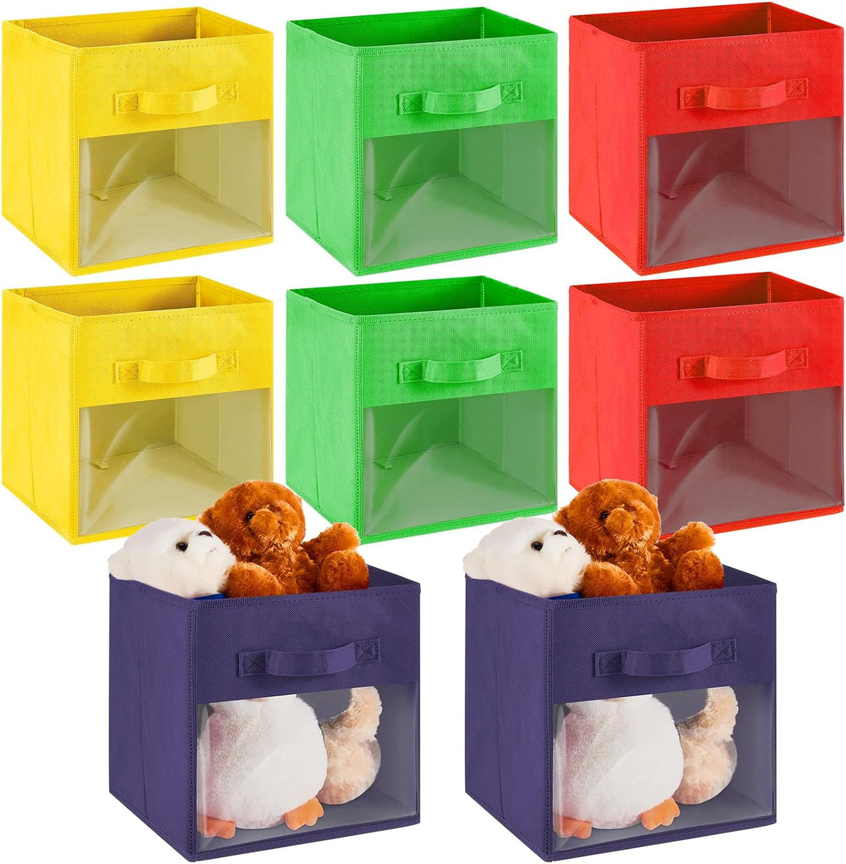 Marsui 8 Pcs Cube Storage Bins with Clear Window 11'' Daycare Storage Cube Organizer Bins for Closet Kid Nursery Playroom with Handle Fabric Collapsible Storage Cubes(Red, Yellow, Dark Blue, Green)