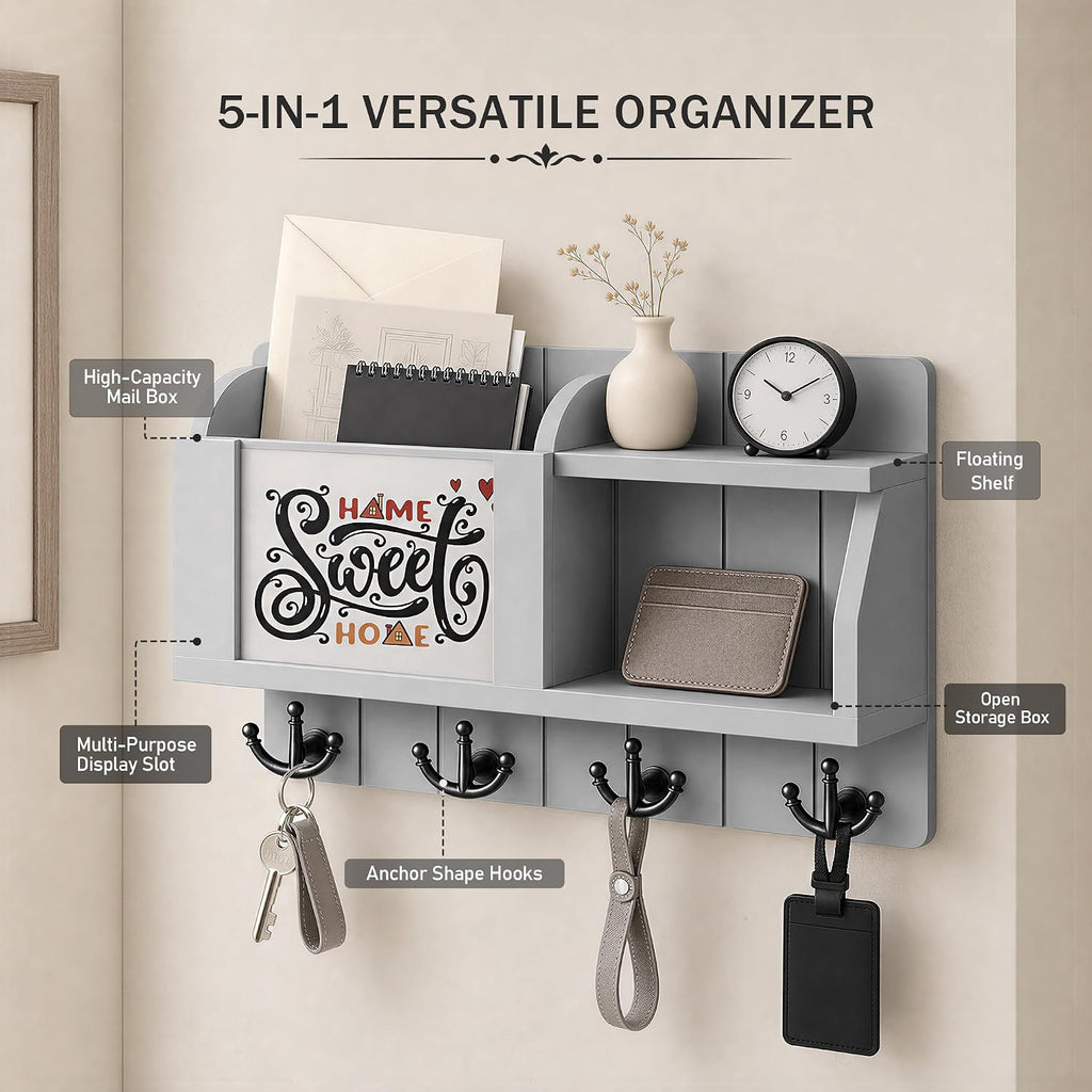 Rebee Vision Key Holder Wall Mount with Mail Organizer for Entryway, Gray