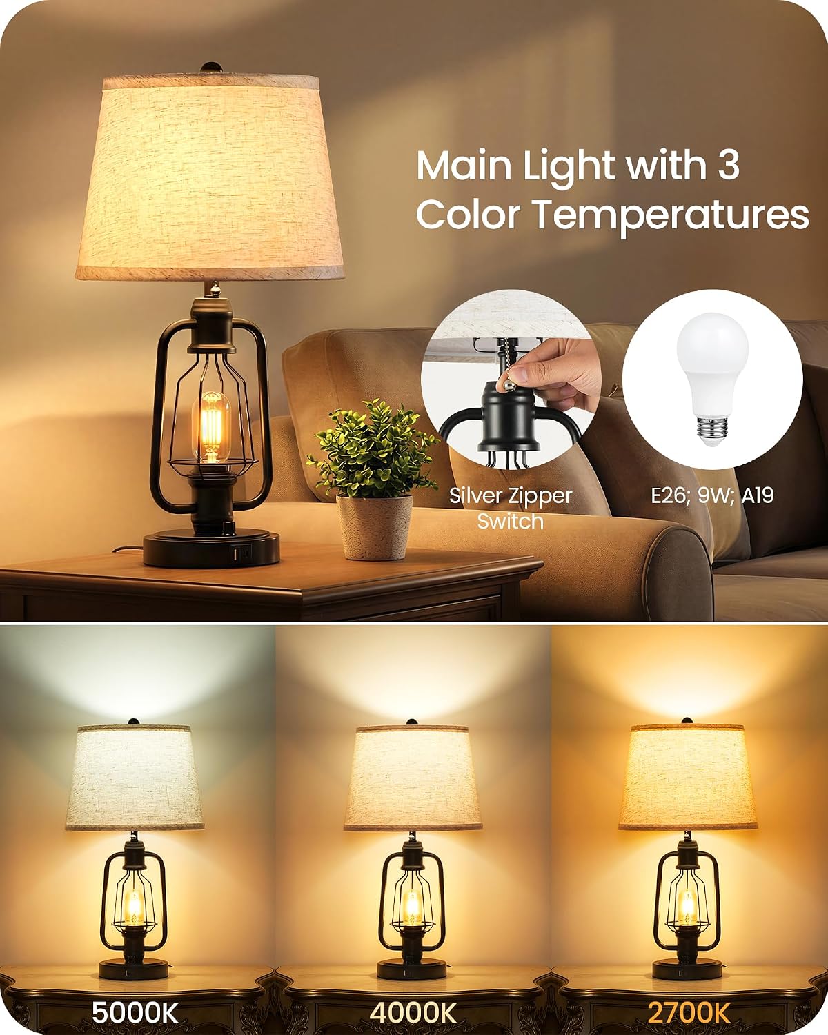 Farmhouse Table Lamps Set of 2, Industrial Bedside Table Lamps with USB Ports, Rustic Vintage Nightstand Desk Lamps for Living Room, Bedroom, 4 Bulbs Included, Beige and Black E14TLP205