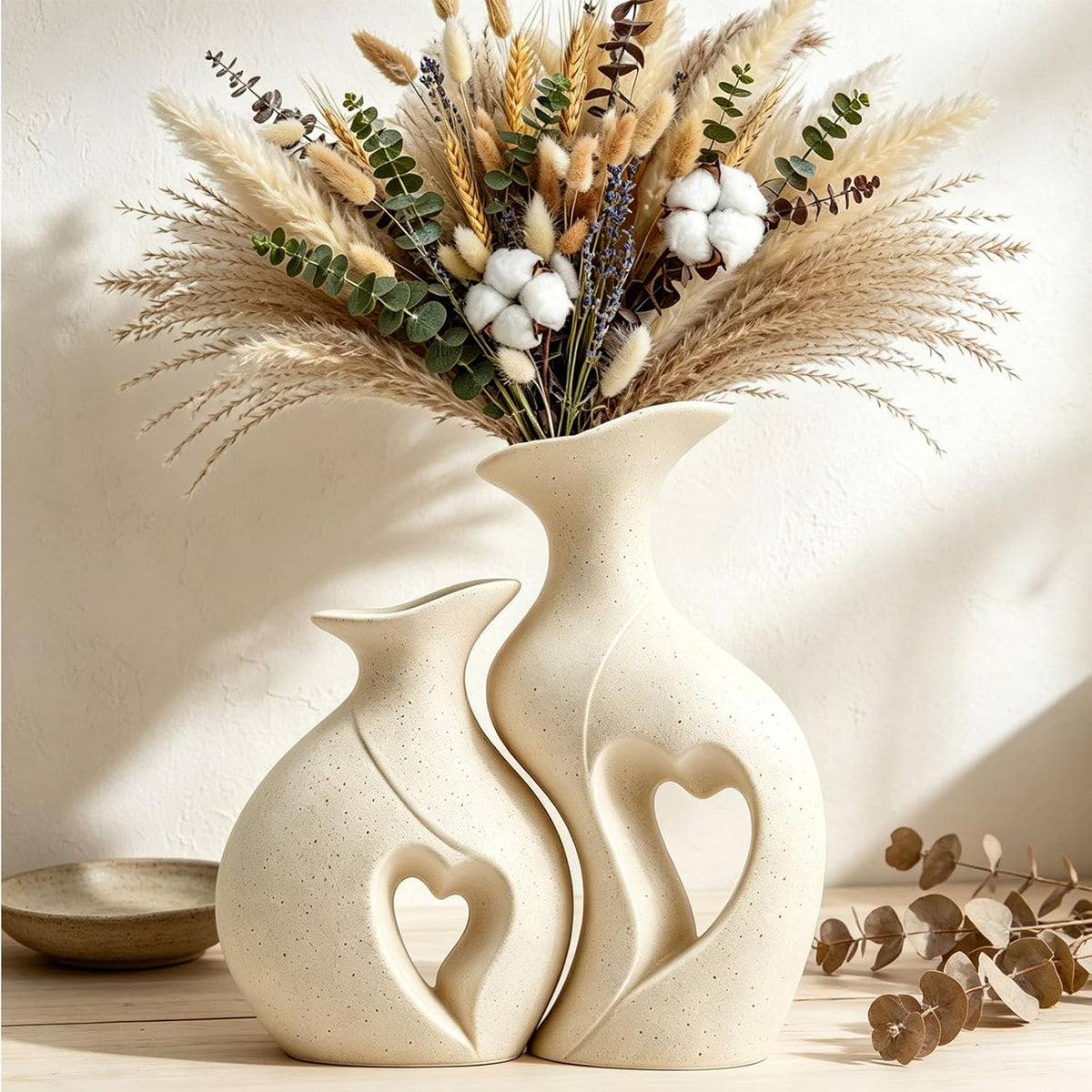 Ceramic Vase for Centerpieces Boho Rustic Vase Set of 2 (Cream)