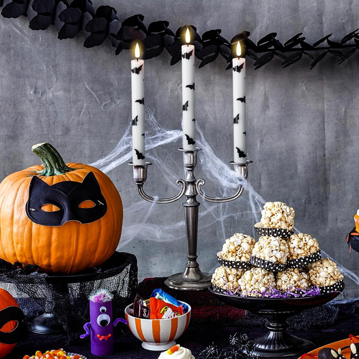 GenSwin Halloween Flameless Taper Candles, 4 Pack LED Taper Candles Battery Operated with Remote Timer, Real Wax White Flickering Flameless Candlesticks with Bat Prints for Spooky Decor(0.75” x 9.65”)
