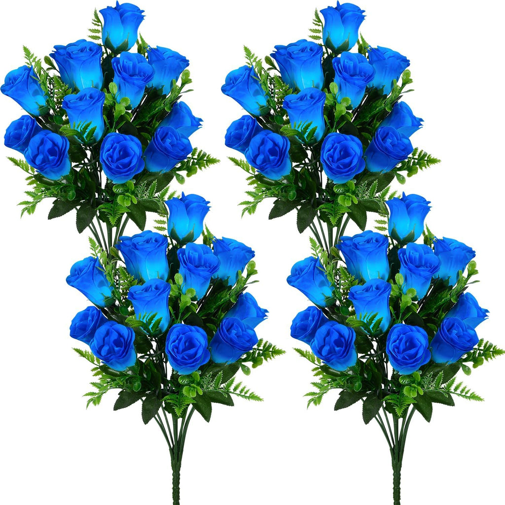 Artificial Rose Flowers Bouquet Realistic Silk Rose Fake Flowers for Wedding Home Centerpieces Party Cemetery Grave Decoration (4 Bouquets, Blue)
