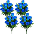 Artificial Rose Flowers Bouquet Realistic Silk Rose Fake Flowers for Wedding Home Centerpieces Party Cemetery Grave Decoration (4 Bouquets, Blue)