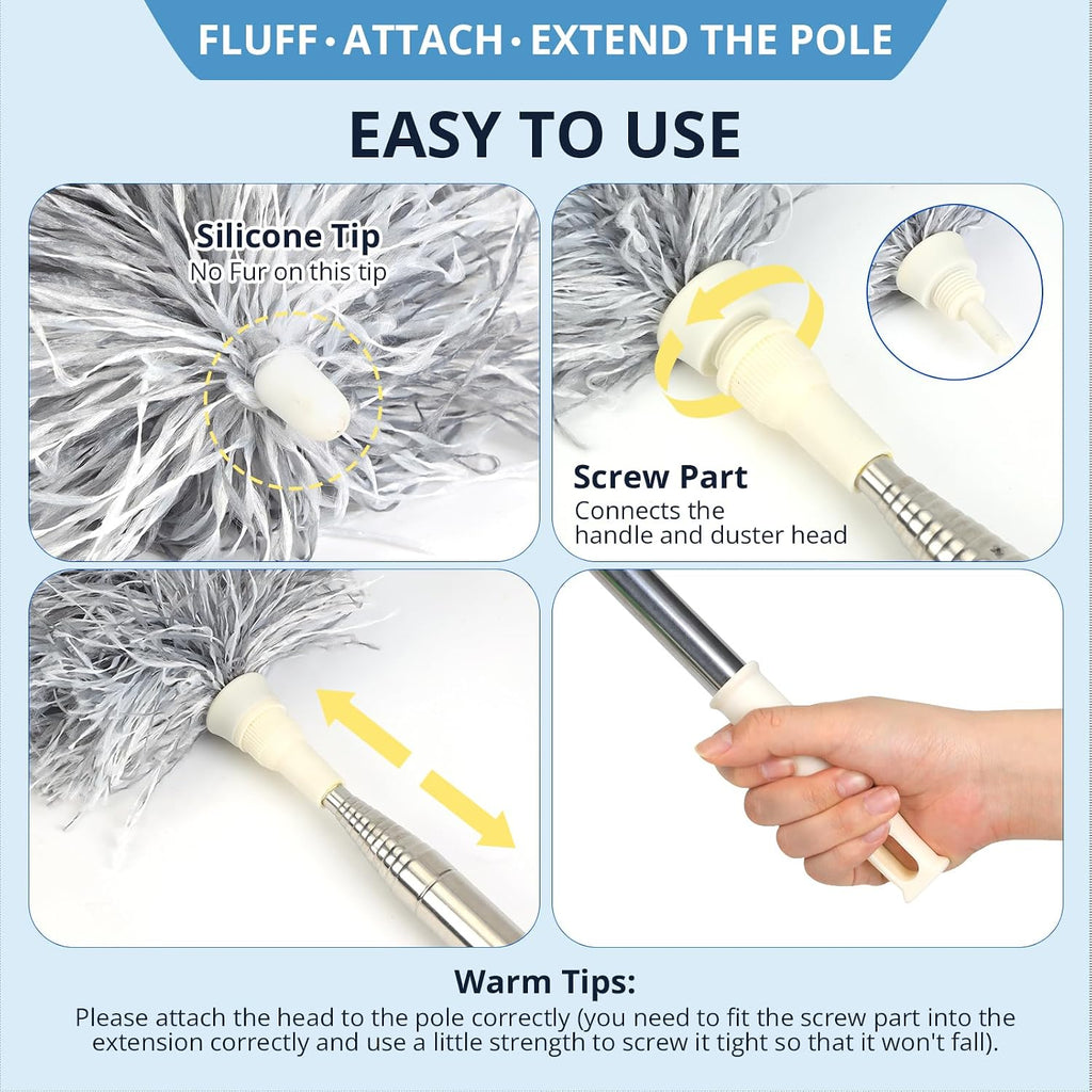 ZZ LAZYCOTTAGE Duster with Extension Pole & Flexible Head, Gray Feather Duster, Long Ddusters for Cleaning for High Ceilings, Walls, Fans, Cobweb and Furniture