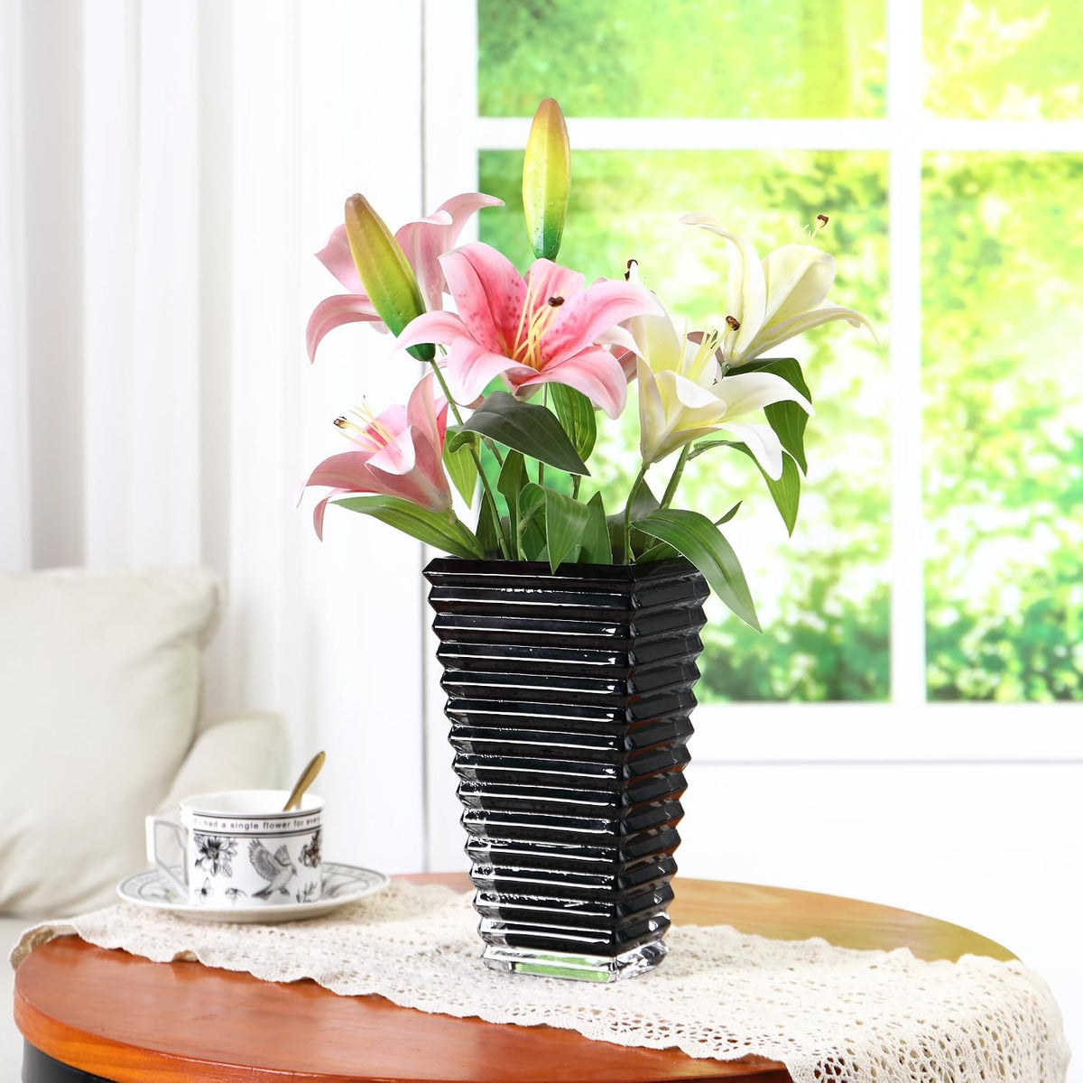 Crystal Vase, Large Crystal Vases for Flowers, Dark Large Flower Vase, Modern Glass Vases for Living Room, Bedroom, Kitchen, Dining Table, Mantle, Wedding, 9 Inches
