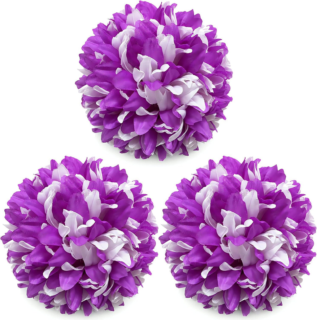3Pcs Purple and White Homecoming Mum Flowers, 6.5Inch Artificial Mum Flower