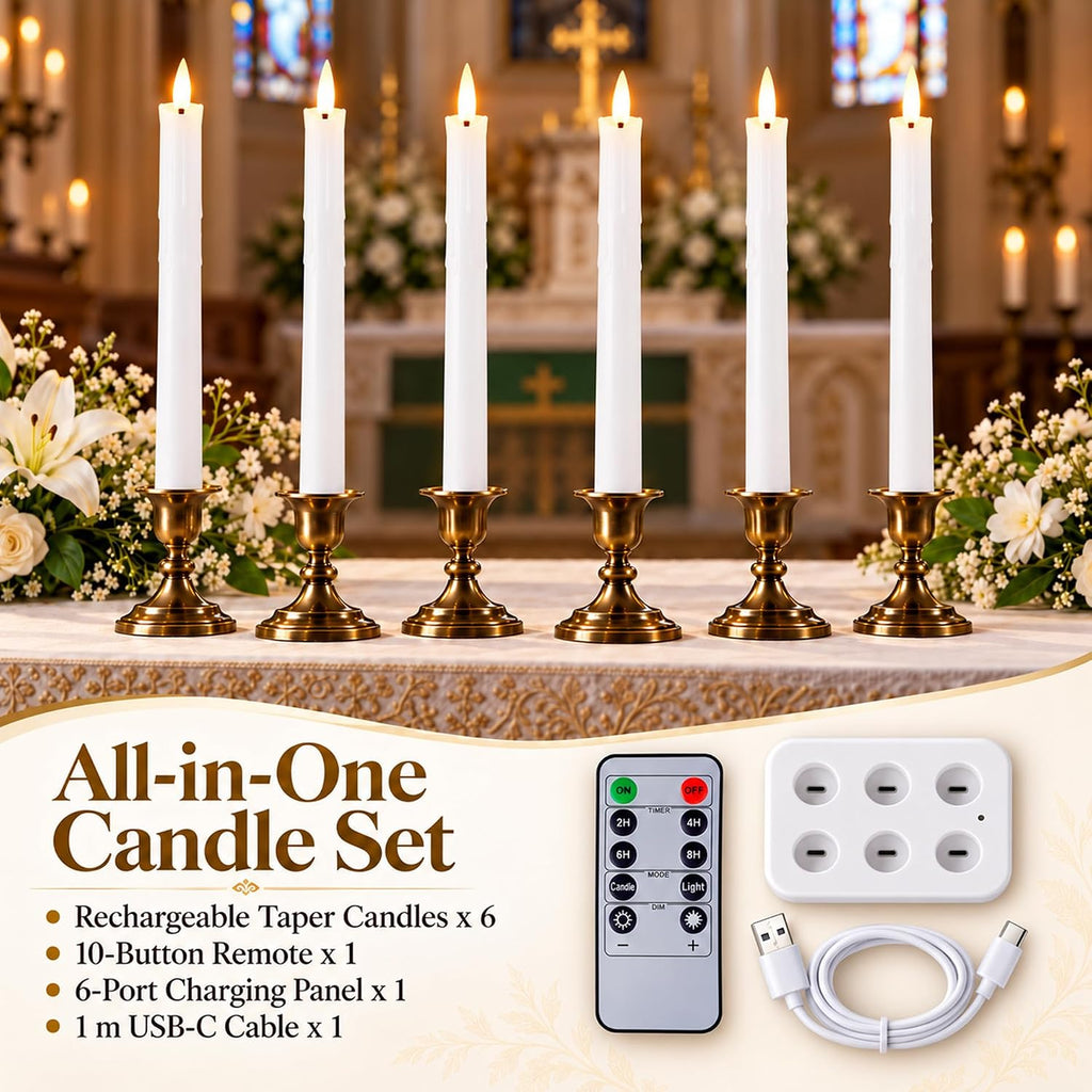 Fanna 6-Pack Rechargeable Led Taper Candles with Charging Panel, H 9.8"