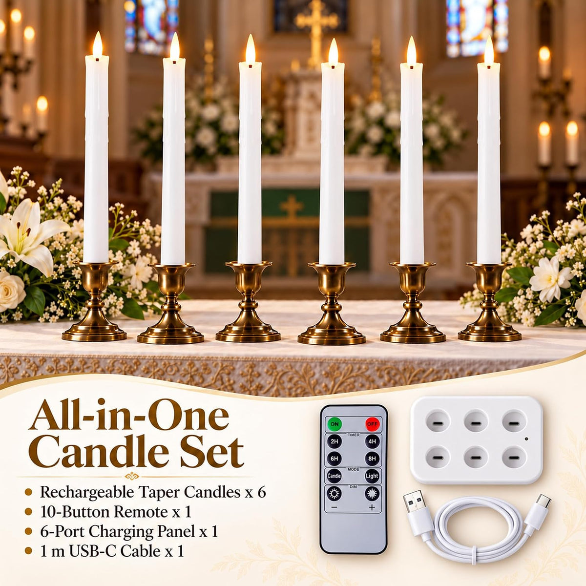 Fanna 6-Pack Rechargeable Led Taper Candles with Charging Panel, H 9.8"