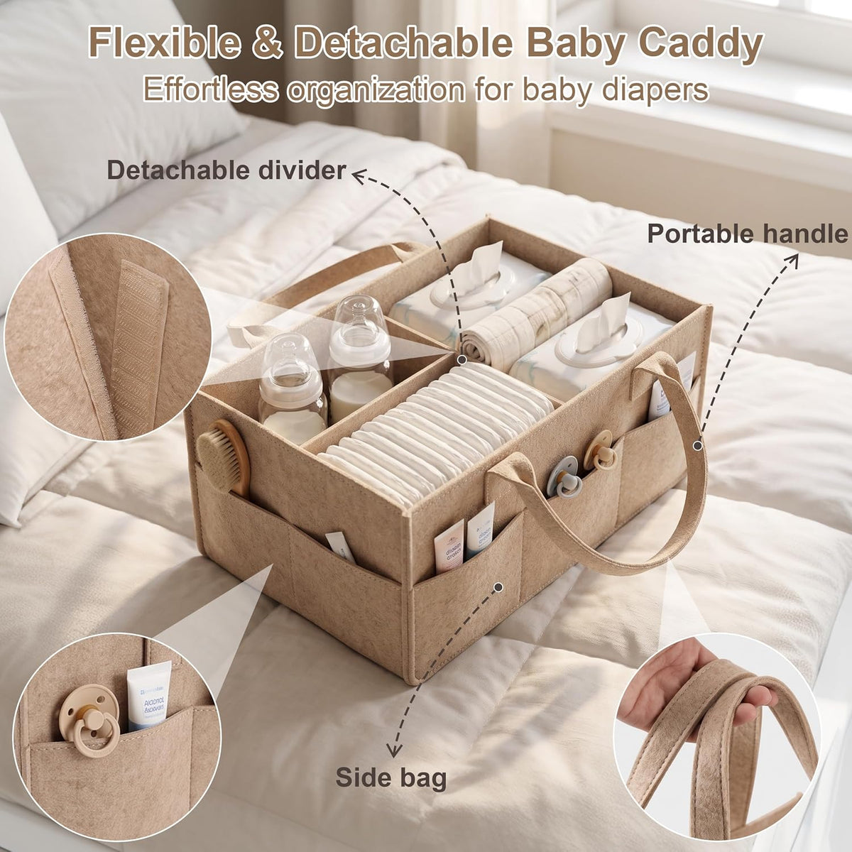 Beige 3 Tier Rolling Diaper Caddy Cart with Wheels and Detachable Dividers