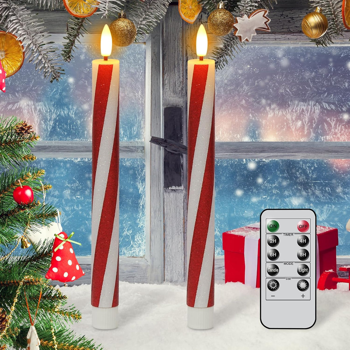 Candy Cane Flameless Taper Candles Battery Operated Remote Timer