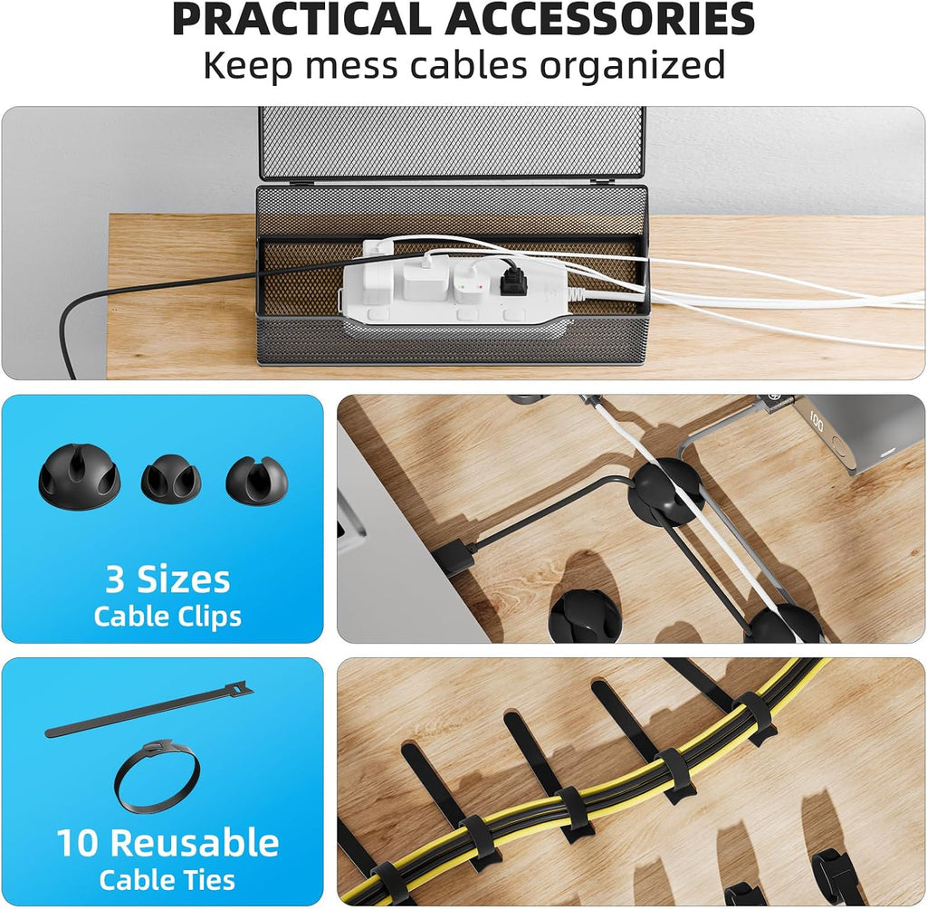 Marbrasse 3 Pack Cable Management Box, Metal Mesh Cord Organizer Box for TV Wires, Electrical Hiding, Power Strip – Under Desk Cable Storage Box with Cable Clips&Reusable Cable Ties for Home/Office