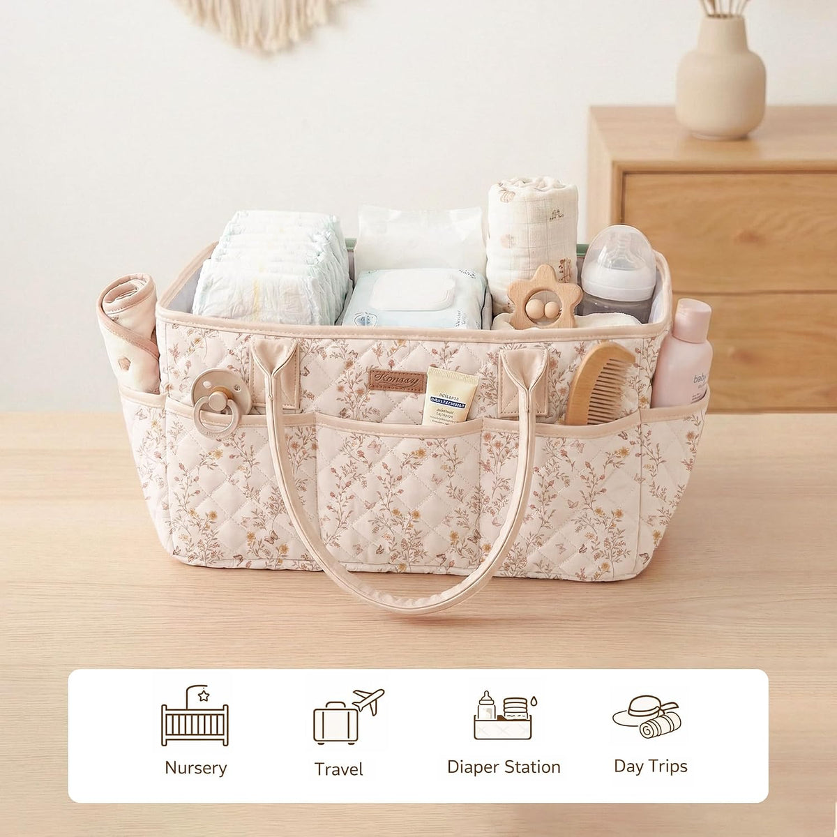 Konssy Baby Diaper Caddy Organizer, Floral Design with PU Leather Handles