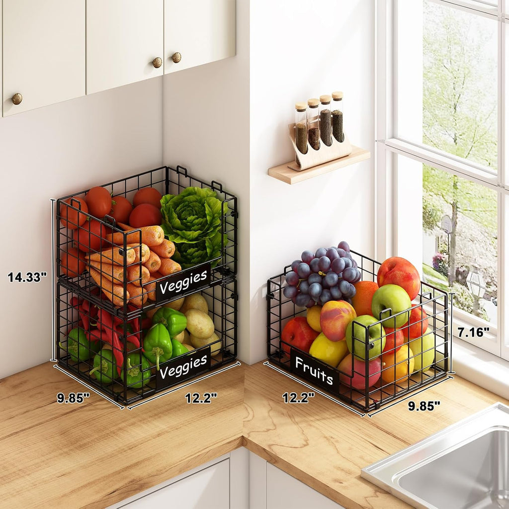 3 Pack XL Stackable Wire Baskets with Handle, Pantry Organizers and Storage