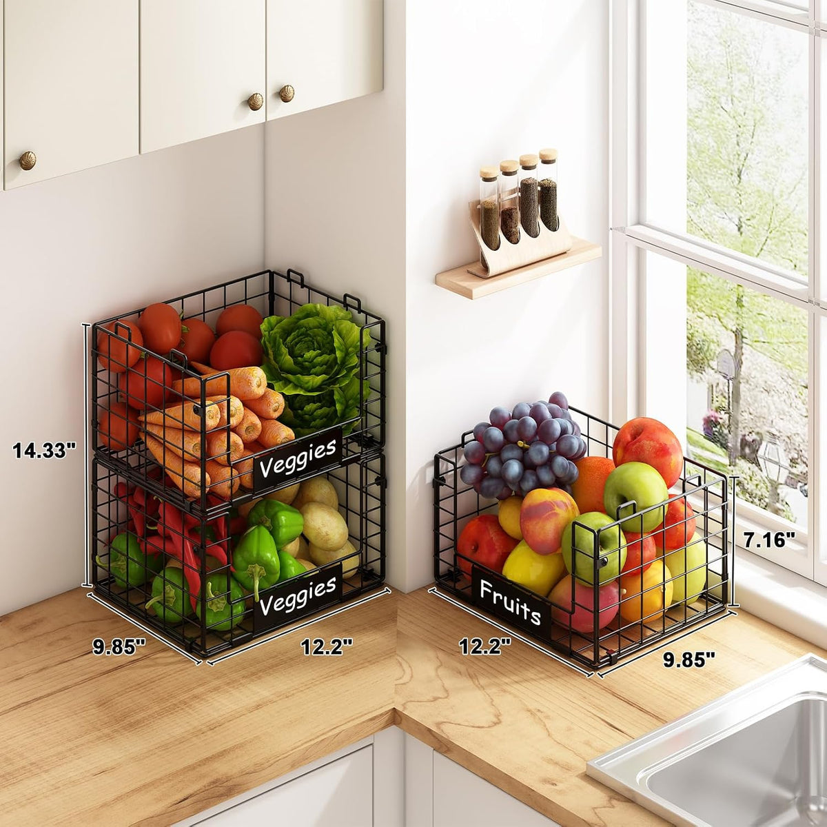 3 Pack XL Stackable Wire Baskets with Handle, Pantry Organizers and Storage