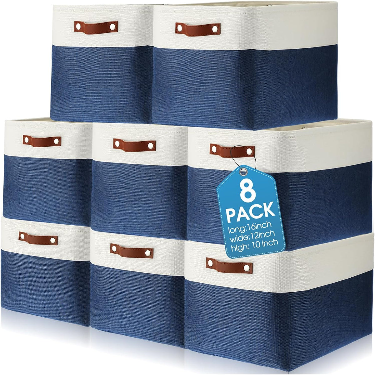 Uiifan 16 x 12 x 10 Inch 8 Pack Fabric Storage Baskets with Handles, Blue