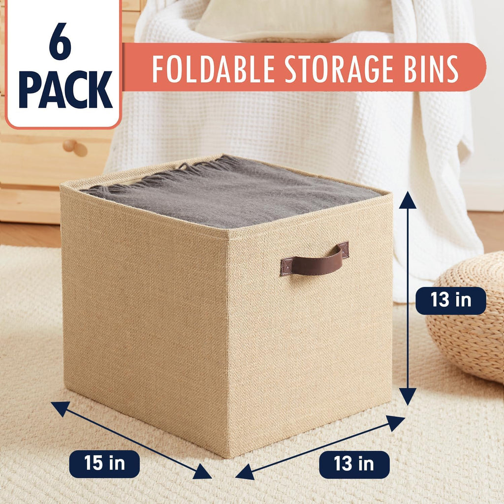 Ornavo Home 13x15x13 Jute Storage Cube Bins, 6 Pack, Leather Handles