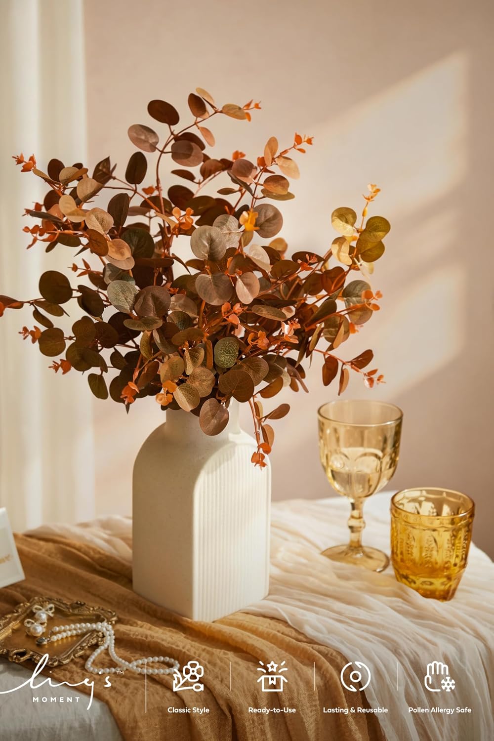 Ling's moment Artificial Plants Amber Eucalyptus Leaves Branches,6Pcs 17.5" Tall Fake Greenery Filler w/Stems, Realistic Texture Money Plant Leaves Decor for Wedding Bouquets/Table Centerpieces, Room