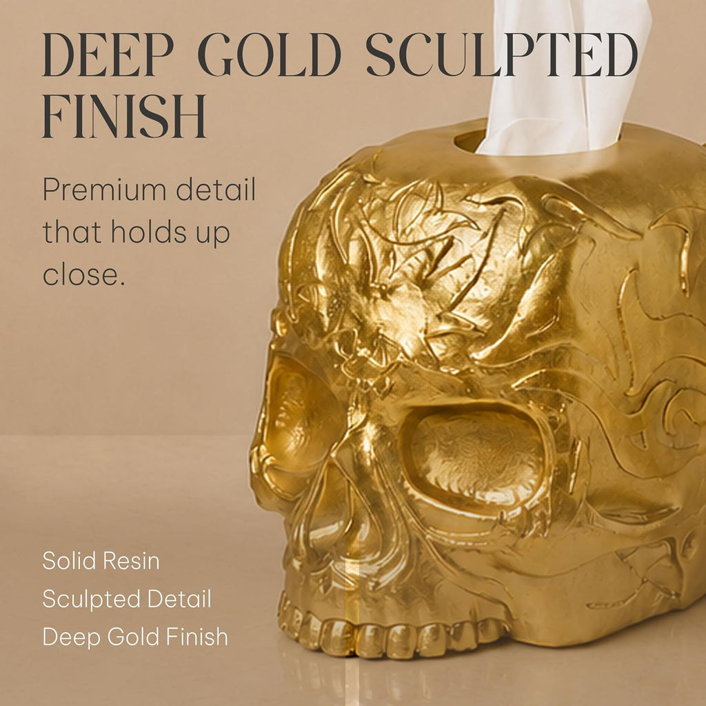 Gothic Skull Tissue Box Cover, Gold, Square by Death Decor