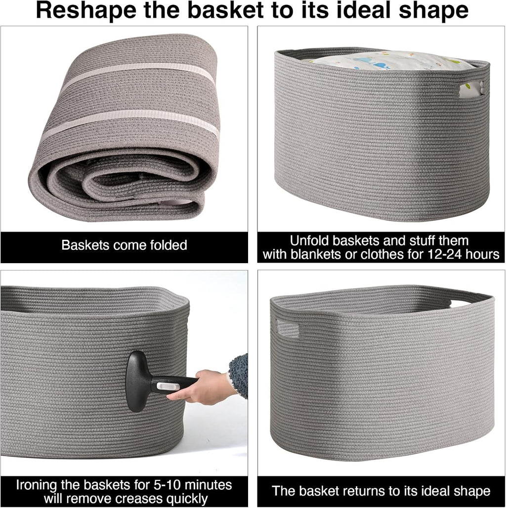 ICERZCZ Large Grey Storage Basket, Blanket Baskets for Living Room, Large Toy Basket for Storage, Woven Cotton Rope Baskets for Blankets, Clothes, Shoes, Books, Grey, 25”x16”x16” (105L)