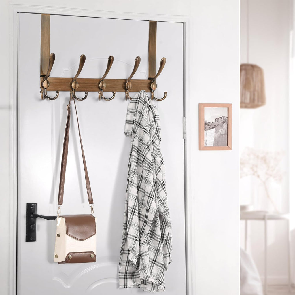 Dseap Over The Door Hook Hanger - Fits 1 3/8" to 1 3/4" Standard Doors | 5 Tri Hooks Heavy Duty Towel/Coat Rack | Door Organizer for Clothes, Jackets, Hats, Towels, Antique Copper, Pack of 2