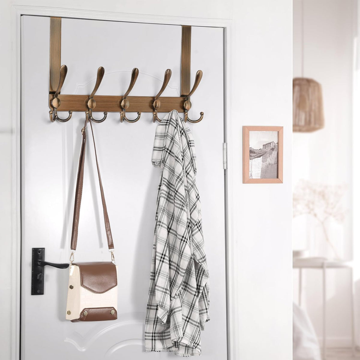 Dseap Over The Door Hook Hanger - Fits 1 3/8" to 1 3/4" Standard Doors | 5 Tri Hooks Heavy Duty Towel/Coat Rack | Door Organizer for Clothes, Jackets, Hats, Towels, Antique Copper, Pack of 2