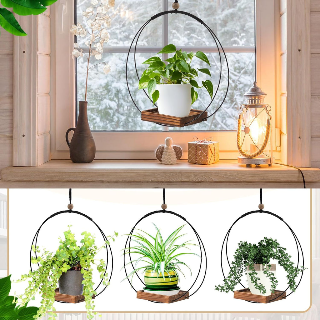 Geelin 4 Pcs Hanging Plant Holder with Wood Base Window Planter Boho, Brown