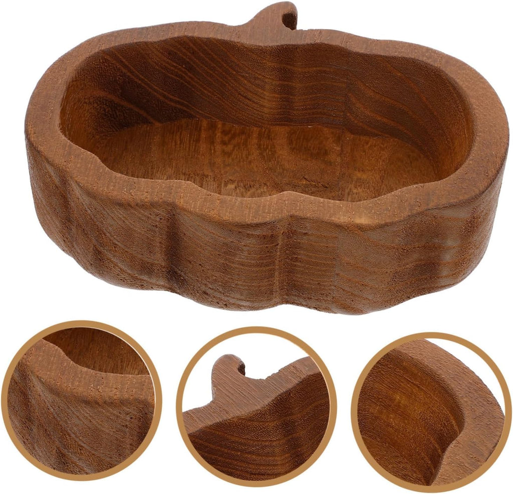 SHOWERORO Pumpkin Shaped Wooden Bowl Compact Food Container for Salad Fruits Desserts Deep for Kitchen Counter Fall Decorations
