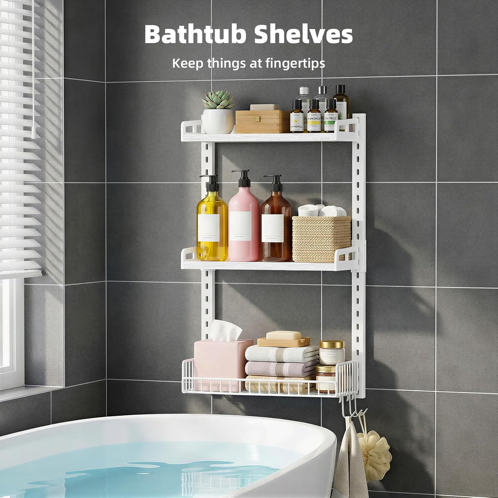 Kalrin 3 Tier Bathroom Shelves Over Toilet - Wall Mounted Floating Shelves with Drain Basket, Toilet Paper Storage, Height Adjustable Over The Toilet Storage, Pure White