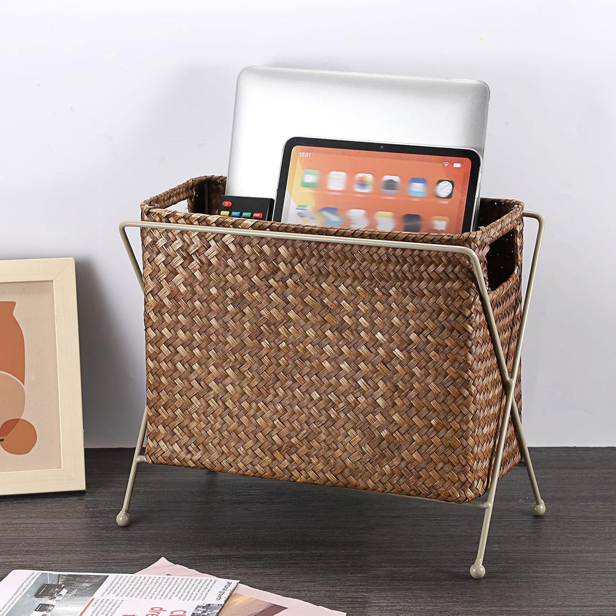 BTSKY Magazine Basket, Mail Basket for Counter, Woven Storage Bin with Metal Rack & Handle for Files, Books, Newspapers, Desktop Organizer for Office, Living Room, Dorm, Bathroom, 12"x5.7"x8.7"