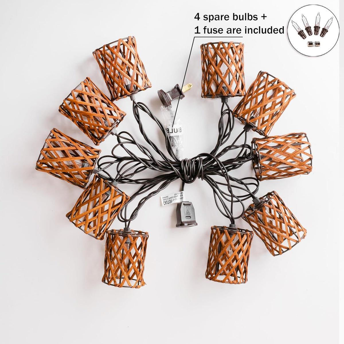 Decorative String Lights Plug in with 10 Incandescent Bulbs, Handwoven Rattan Cylinder-shaped Boho Lantern String Lights Connectable Weatherproof Outdoor Indoor for Bedroom Patio Pergola Decor (Brown)