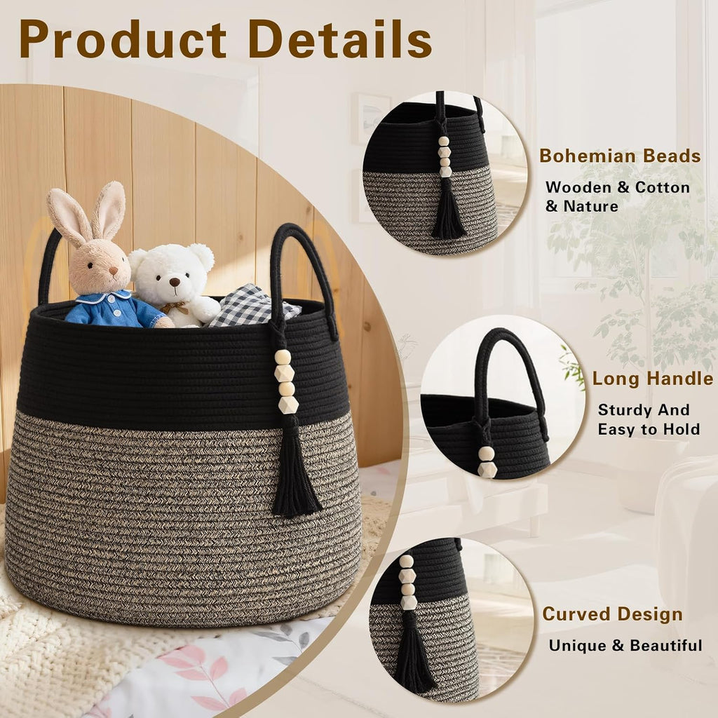 Large Nursery Hamper, 60L Blanket Basket with Handle, Baby Laundry Basket for Gift, Toy, Clothes, Woven Storage Basket with Wooden Bead Decor, Baby Hamper for Nursery (Black&Brown)