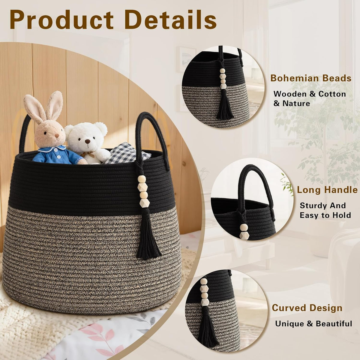 Large Nursery Hamper, 60L Blanket Basket with Handle, Baby Laundry Basket for Gift, Toy, Clothes, Woven Storage Basket with Wooden Bead Decor, Baby Hamper for Nursery (Black&Brown)