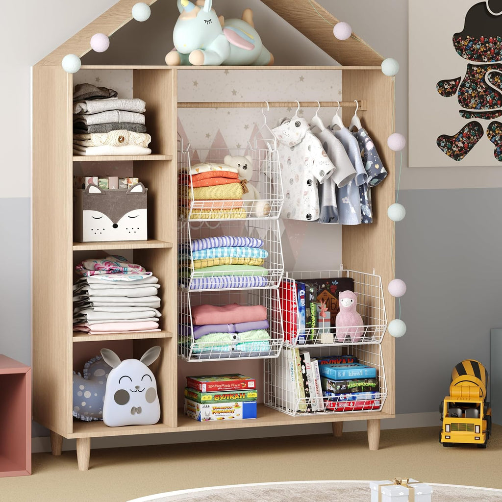 5 Tier Closet Hanging Organizer, Clothes Hanging Shelves with 4 Hanging Hooks 5 S Hooks, Wire Storage Basket Bins, for Clothing Sweaters Shoes Handbags Clutches Accessories Patent Design-White