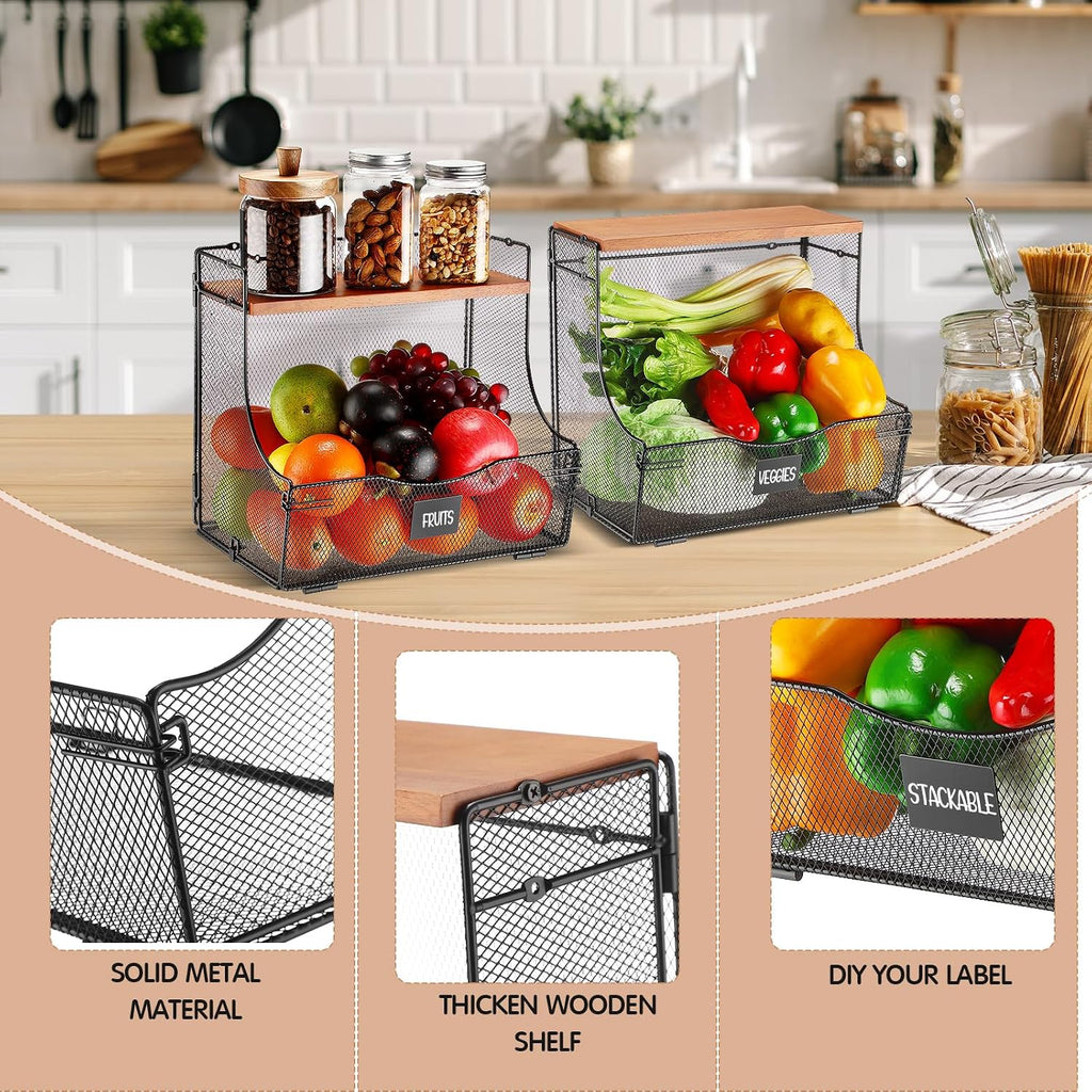 Honeydak 2 Pack Stackable Fruit Basket with Lid and Label Plate, Wall Mounted or Kitchen Countertop Metal Wire Storage for Onion, Potato, Vegetable & Produce Organizer