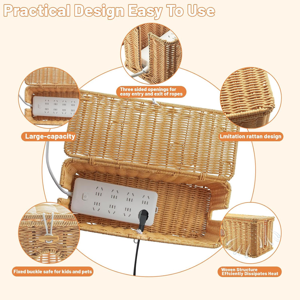 2 Pcs Handmade Cable Management Boxes Rattan Cable Organizer Large & Medium Cord Hider Organizer Boxes Power Strip Boxes Locked Cover with 2 Open Slots for Home and Workplace
