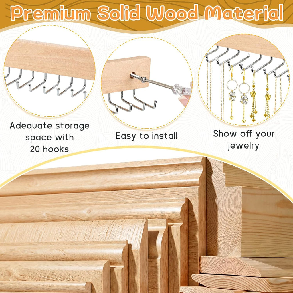 Necklace Holder Wall Mount 4 Pack, with 80 Hooks, Wooden, 36.5 x 3.6 cm