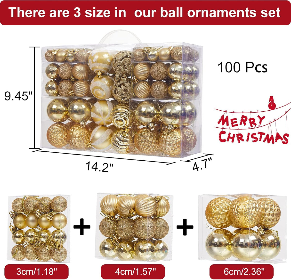 100PCS Christmas Ball Ornaments, Assorted Shatterproof Christmas Tree Decorations, Seasonal Decorative Hanging Baubles Decor Set for Xmas/Holiday/Party, Glitter&Painting Ornament Set (Gold)
