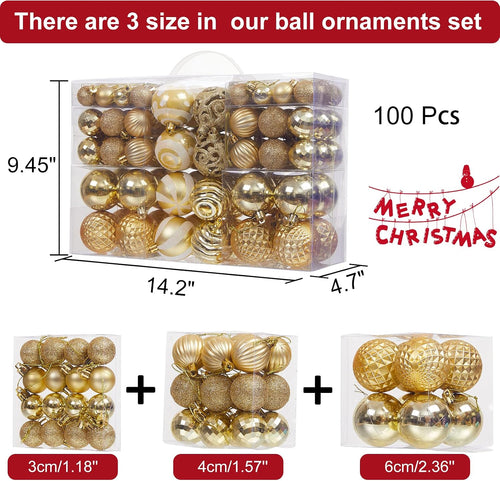 100PCS Christmas Ball Ornaments, Assorted Shatterproof Christmas Tree Decorations, Seasonal Decorative Hanging Baubles Decor Set for Xmas/Holiday/Party, Glitter&Painting Ornament Set (Gold)